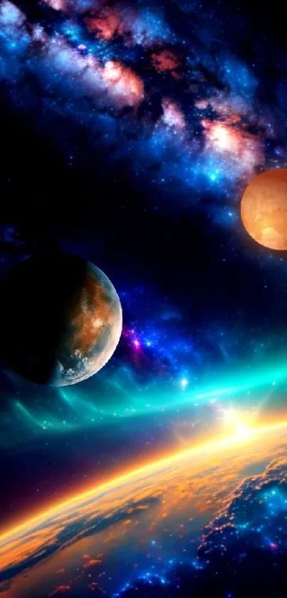 Breathtaking cosmic wallpaper with vibrant planets and a colorful galaxy.