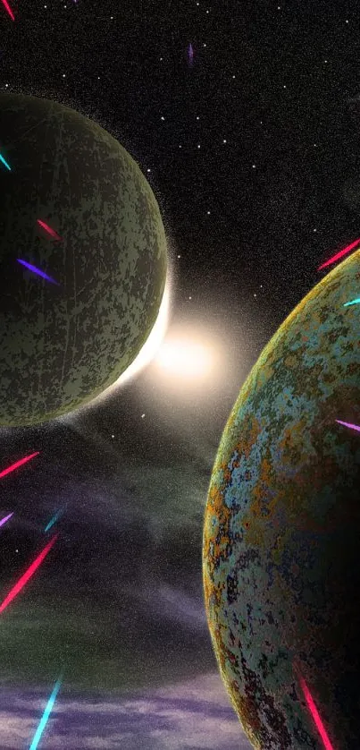 Two cosmic planets in starry galaxy wallpaper.