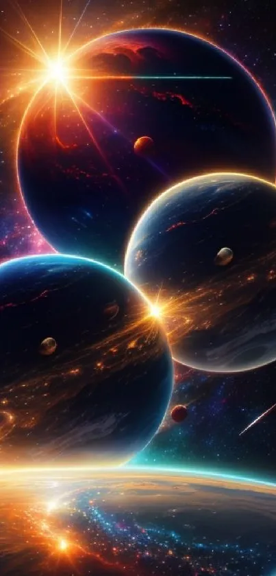 Vivid cosmic wallpaper featuring planets and stars.
