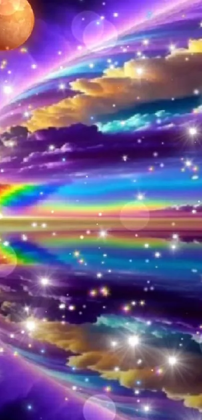 Vibrant celestial wallpaper with rainbow and starry sky.