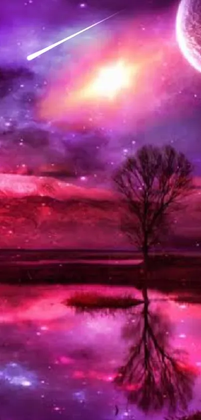 Cosmic purple landscape with planets and reflection.