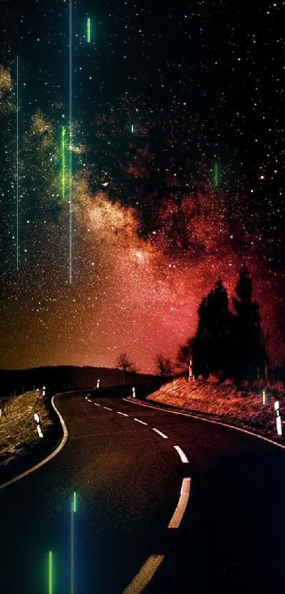 Winding road under a captivating cosmic sky at night.