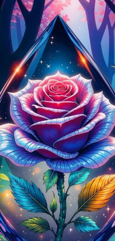 Cosmic rose with vivid colors in a fantasy setting.