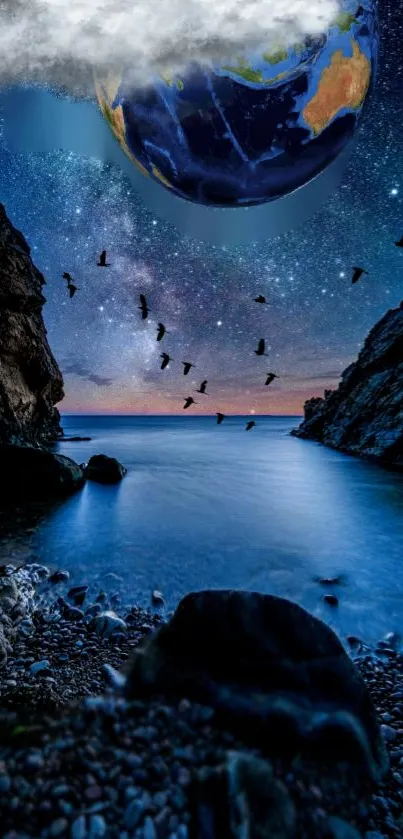 Cosmic shoreline with Earth and starry night sky for phone wallpaper.