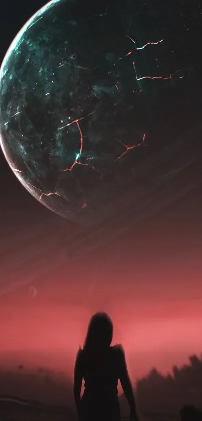 Silhouette beneath a cracked planet in vibrant red and teal sky.
