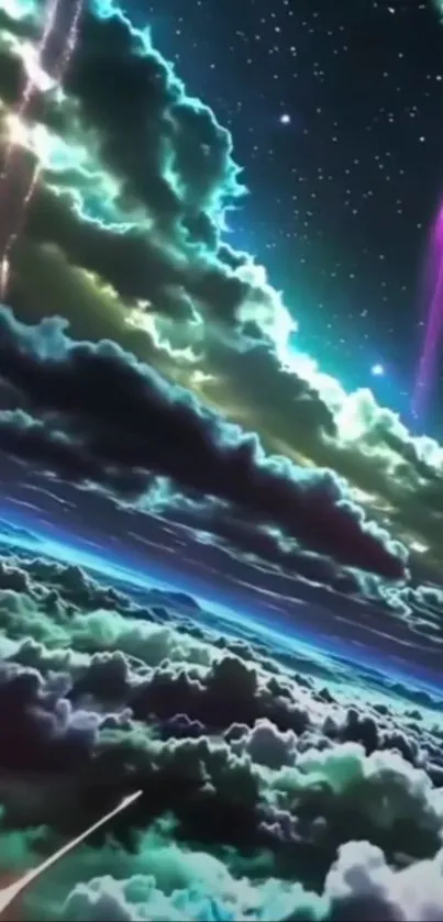 Celestial artwork of a vibrant starry sky and swirling clouds.