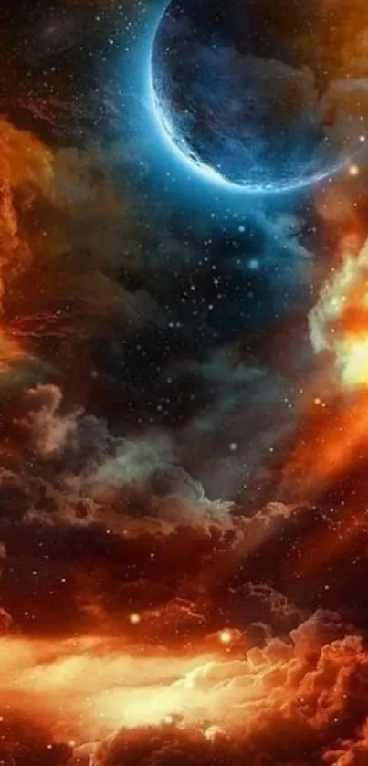 Vibrant cosmic sky wallpaper with orange and blue hues.