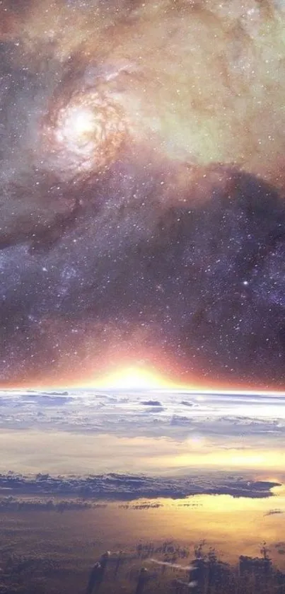 Stunning cosmic wallpaper with galaxy and sunrise scene.