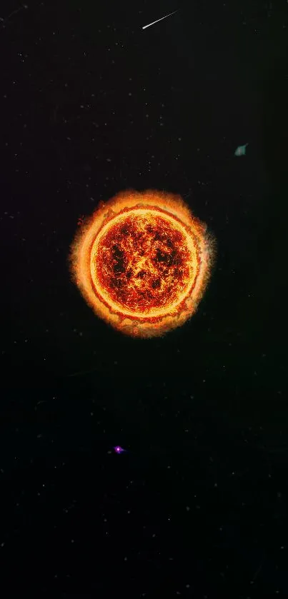 Mobile wallpaper of a bright sun in a dark cosmic space scene.