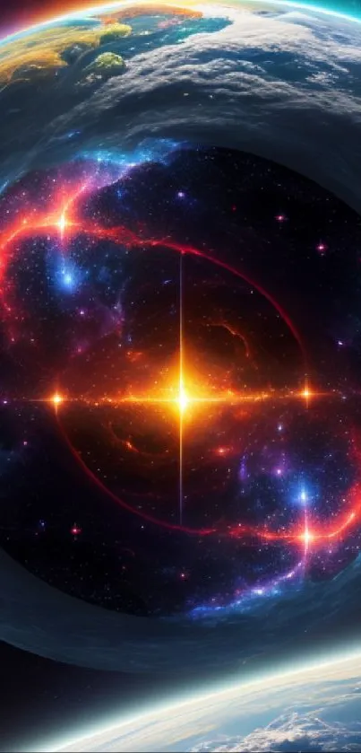 Stunning cosmic space wallpaper with a bright glowing core and vibrant colors.