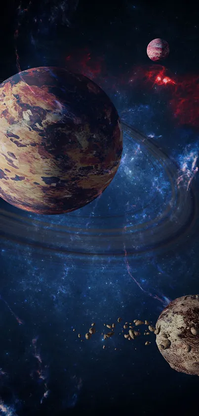 Cosmic wallpaper featuring planets and nebulae in deep space.