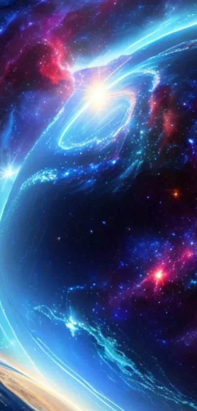 Vibrant cosmic space wallpaper with colorful galaxies and stars.