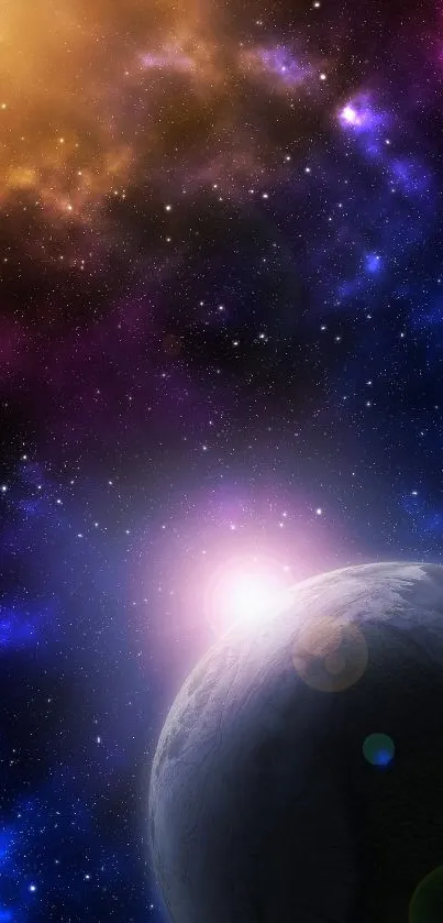 Beautiful cosmic space wallpaper with planet and vibrant galaxy colors.