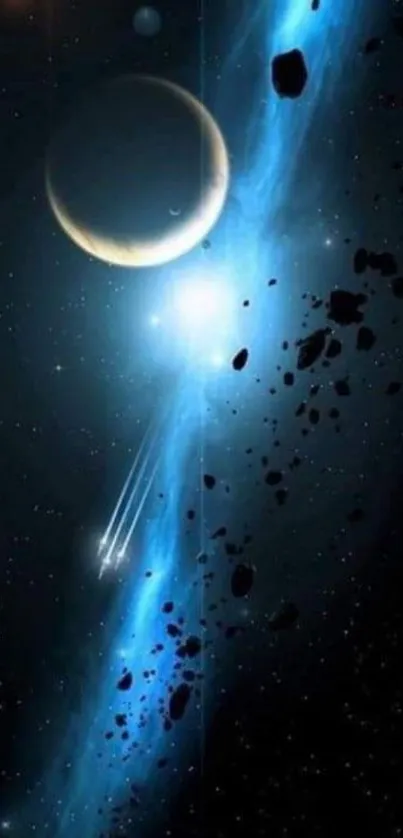 Cosmic space scene mobile wallpaper with blue hues and celestial bodies.