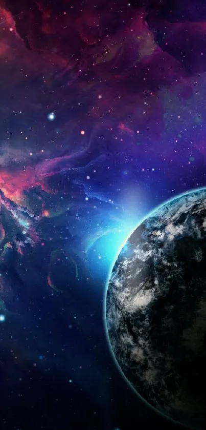 Cosmic wallpaper with a planet and colorful nebula in deep space.