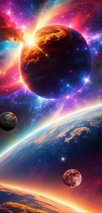 Vivid cosmic scene with planets and stars in deep space.