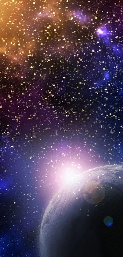 Mobile wallpaper of a cosmic galaxy with a planet and vibrant starry sky.