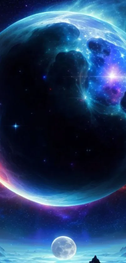 Cosmic space wallpaper featuring a large planet with vibrant colors and stars.