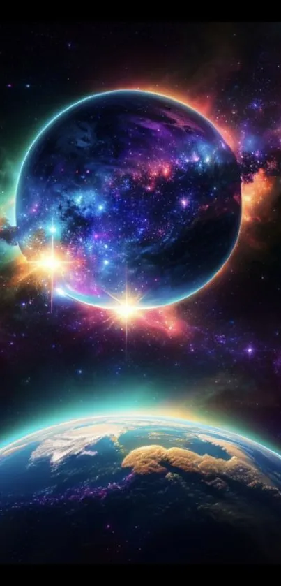 Colorful cosmic wallpaper with planets and galaxy for mobile.