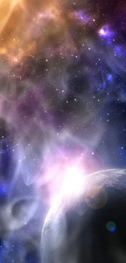 Vibrant cosmic space with a distant planet and nebula.
