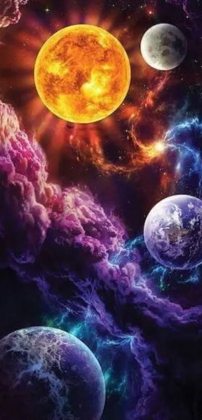 Colorful cosmic wallpaper with planets and nebulae in purple hues.