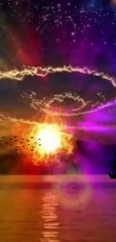 Cosmic sunset with ship, birds under starry sky on the ocean.