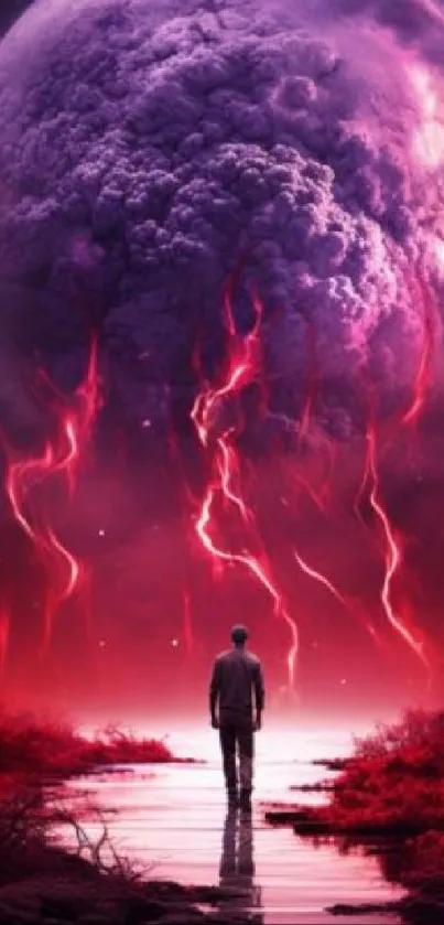 Person gazing at a cosmic thunderstorm with vibrant purple and pink hues.