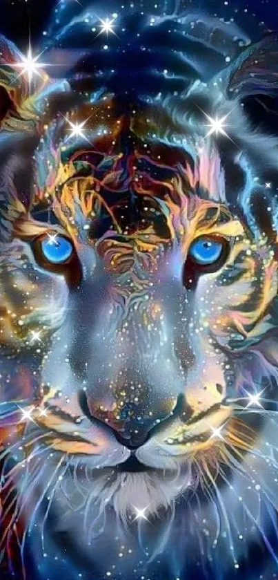 Cosmic tiger with vibrant blue eyes.