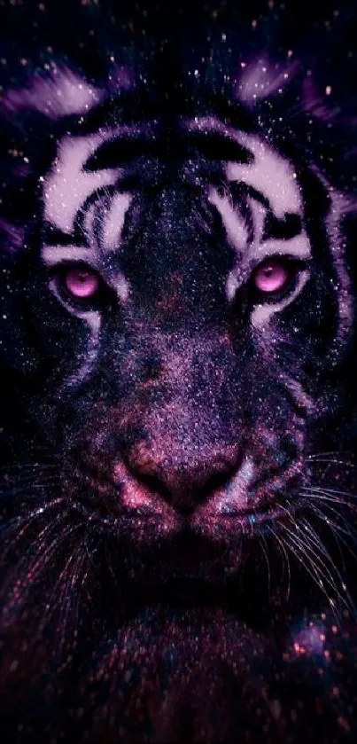 Cosmic tiger wallpaper with glowing purple eyes and a galaxy background.