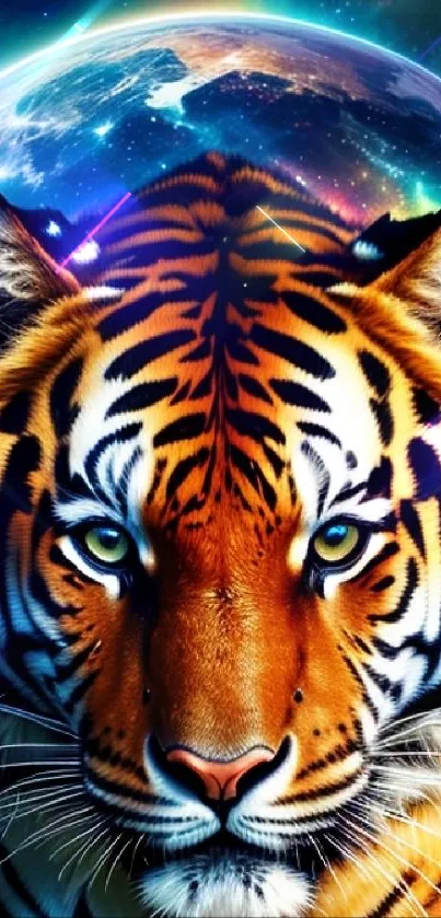Tiger with glowing eyes in front of a cosmic galaxy background.
