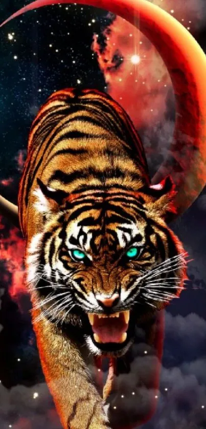 A fierce tiger set against a vivid cosmic background with a red crescent moon.