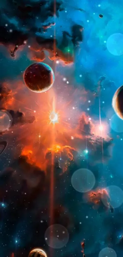 Mobile wallpaper of cosmic universe with planets and nebula.