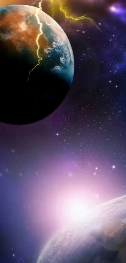 Vibrant cosmic wallpaper with planets and celestial lighting effects.