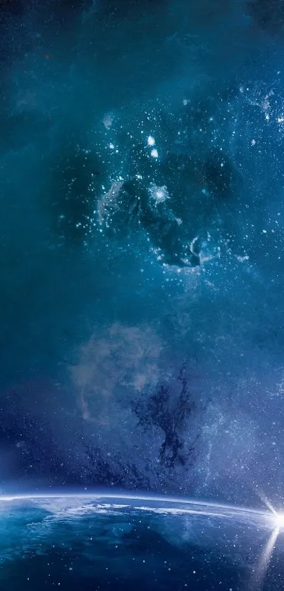 Blue cosmic wallpaper with stars and galaxy view.