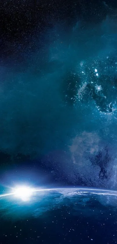 Mobile wallpaper featuring a stunning cosmic view with stars and blue nebula.