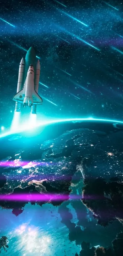 Space shuttle launching above glowing Earth and starry sky.