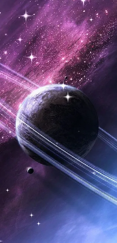 Cosmic wallpaper with a planet and rings in purple hues.