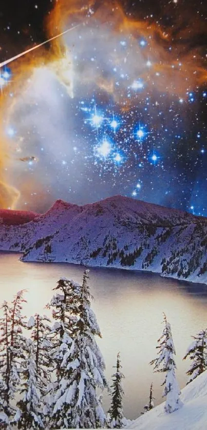 Cosmic winter scene with stars and snowy landscape.