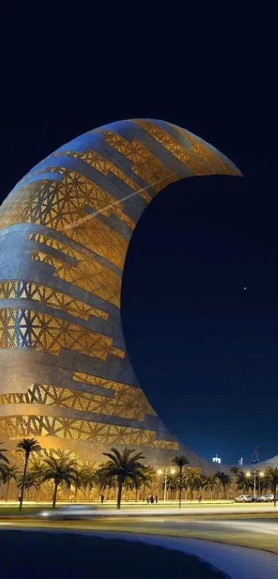 Crescent-shaped building under a starry night sky with golden illumination.