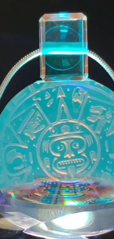 Intricate Aztec crystal artifact with glowing cyan color and etched symbols.