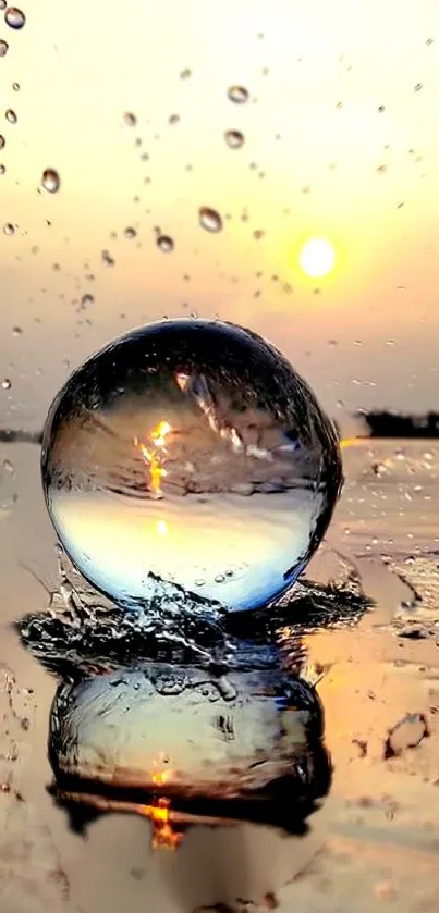 Crystal ball with water splash at sunset reflecting vibrant warm hues.