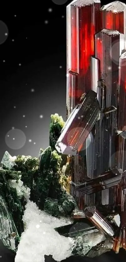 Intricate crystal formation with dark red hues on a black background.