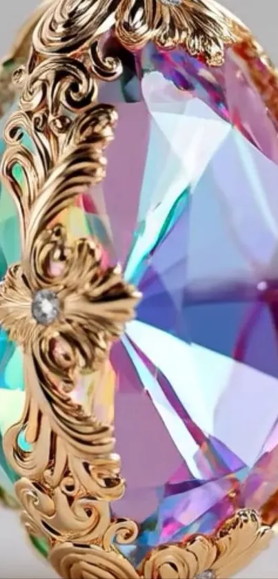 Intricate multicolor crystal with ornate gold detailing.