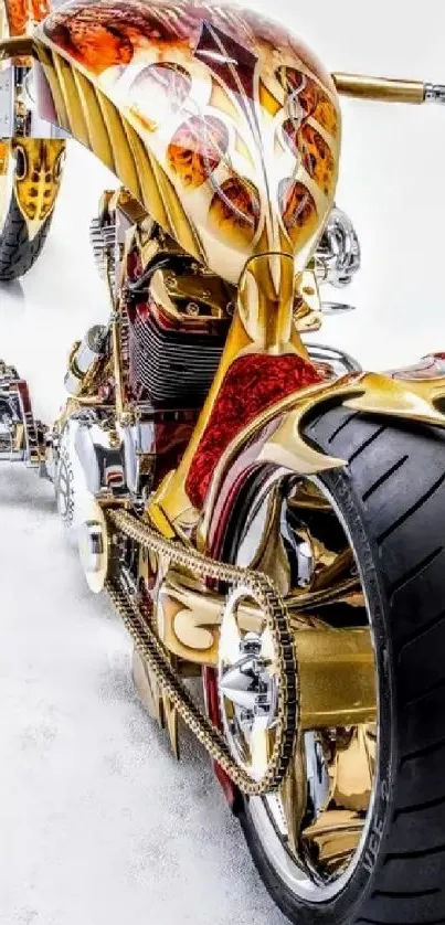 Custom motorcycle with gold and red accents on a white background.