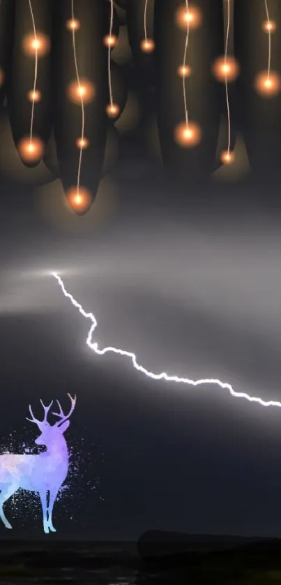 Glowing deer under lightning storm on dark night wallpaper.