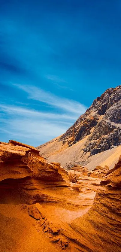 Stunning desert landscape with blue sky and orange dunes.