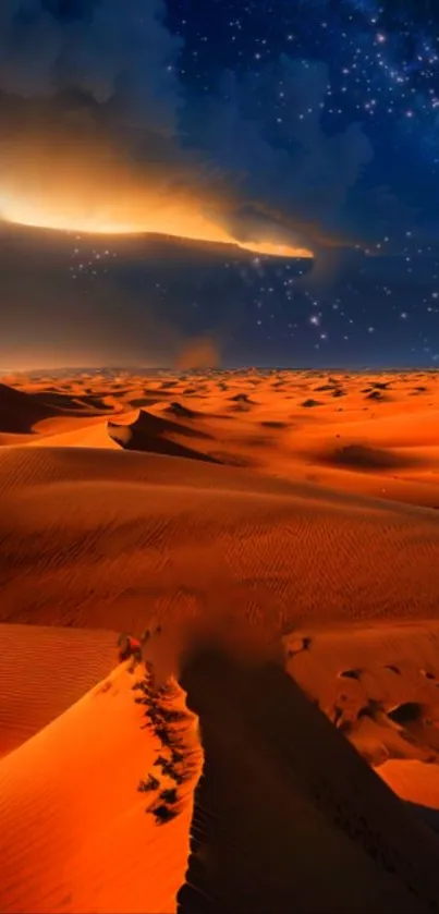 Desert dunes illuminated under a star-filled night sky.