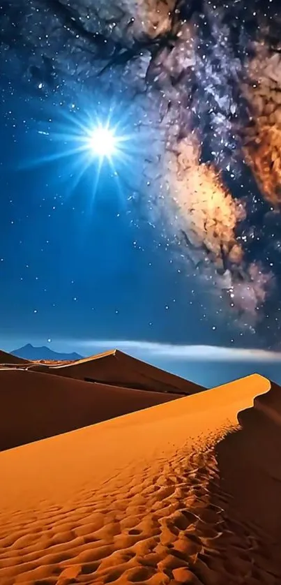 Desert and starry night sky with vibrant colors.