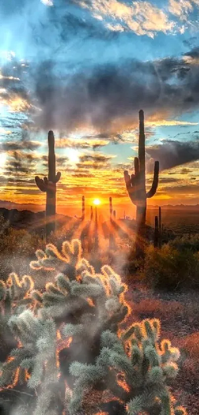 Breathtaking desert sunset with cactus silhouettes and vibrant sky.