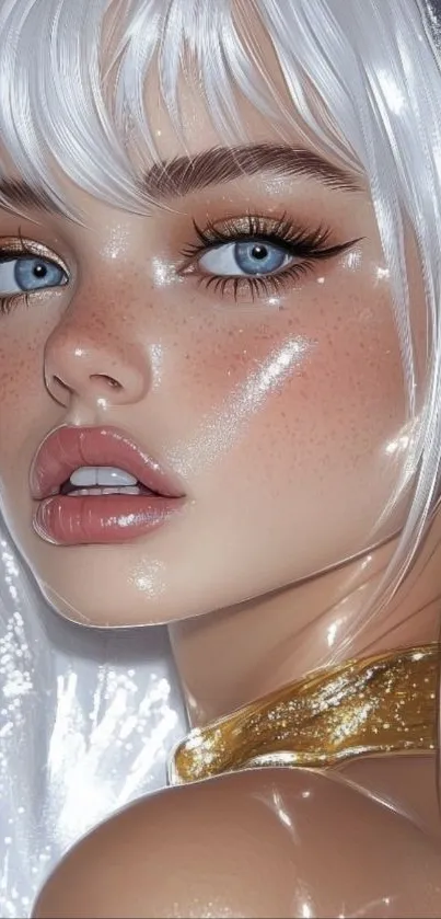 Elegant digital art portrait with white hair and blue eyes